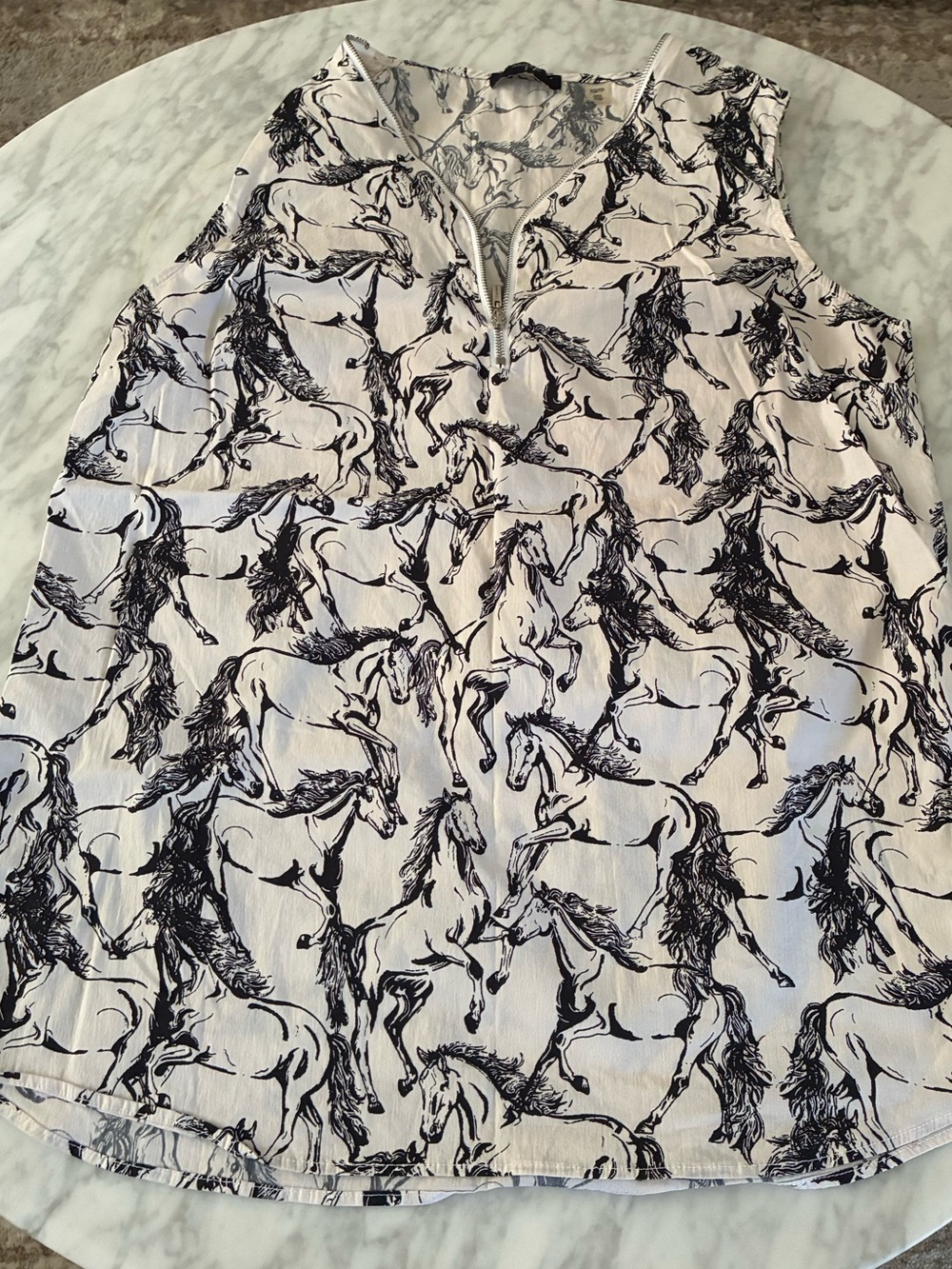 Tahari White Top with Black Horse Sketch Print